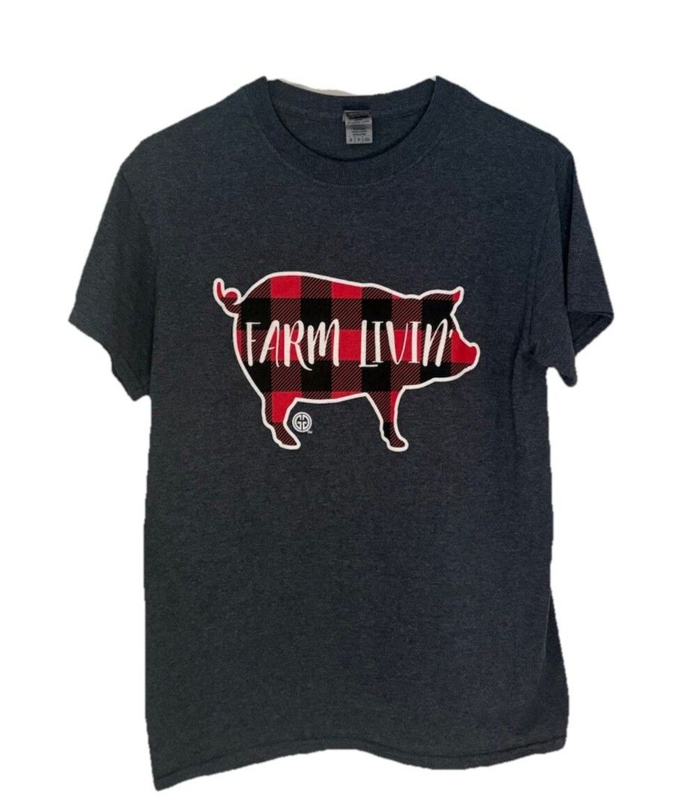 GirlieGirl Originals Size Small “Farm Living” Buffalo plaid Graphic Fall T-Shirt
